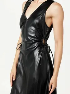 Elegant black V-neck PU leather midi dress featuring sexy waist cutouts and pleated details