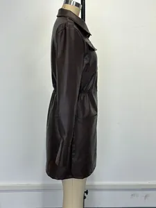 Side profile detail of a dark brown long-sleeved PU leather dress with a side pocket.