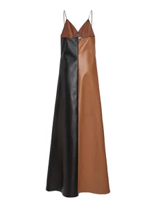 Robe longue bicolore chic en similicuir PU avec décolleté en V et fines bretelles spaghetti