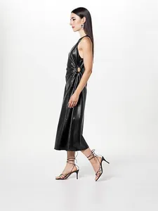 Fashionable sleek black PU leather midi dress with side waist cutout and ruching details