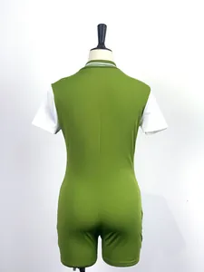 Detailed back view of a slim-fit olive green and white short sleeve romper for women.