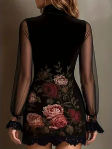 Detailed back view of black mesh sleeve dress featuring elegant rose floral patterns and lace