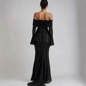Elegant black lace evening gown back view featuring off-the-shoulder bell sleeves.