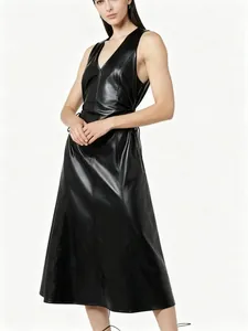 Sleek black PU leather maxi dress with V-neck and waist gathering details