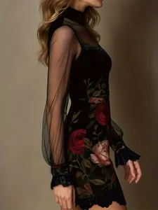 Detailed view of the rose embroidery and sheer mesh sleeves on this elegant bodycon dress
