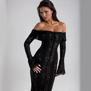 Elegant black lace off-shoulder bodycon dress with flared bell sleeves and tie detail.