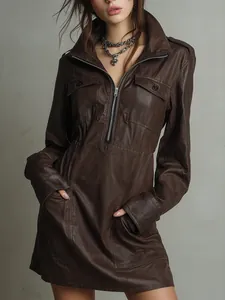 Women's Sexy PU Leather Long Sleeve Dress Polo Neck Zipper Slim Fit Solid Color Bodycon Mini Dress with Pockets Fashion