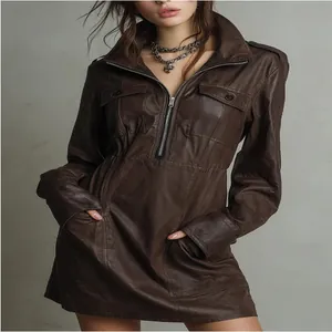 Chic brown long-sleeve PU leather dress with polo collar and functional pockets.