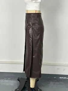 Detailed side view of dark brown PU leather wrap skirt featuring adjustable D-ring buckle