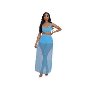 Completo sexy blu 3 pezzi con crop top, pantaloncini e gonna lunga plissettata in mesh