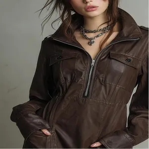 Women's brown PU leather long sleeve dress with zipper polo collar and pockets