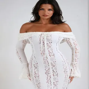 Elegant off-the-shoulder lace dress with bell sleeves and hollow floral patterns.