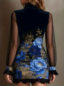 Detail view of mesh sleeve bodycon dress featuring blue floral print and lace trim
