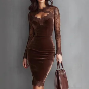 Detail of brown velvet bodycon dress with lace patchwork and cutout neckline