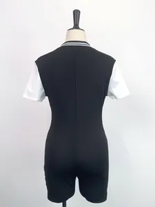 Back view of a slim-fit black and white short sleeve romper with striped collar