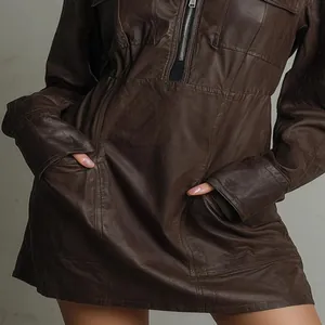 Fashionable dark brown PU leather long sleeve mini dress with zipper and pockets