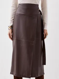 Elegant Women PU Leather A-Line Skirt Irregular Slit High Waist Maxi Skirt With Adjustable Belt Deep Brown Fashion Bottom