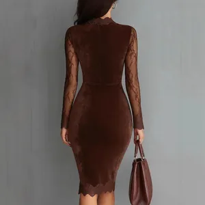 Elegant back view of a brown velvet bodycon dress featuring delicate lace sleeves