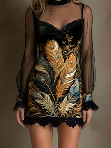 Detailed view of sexy black mesh patchwork dress featuring vibrant gold feather prints