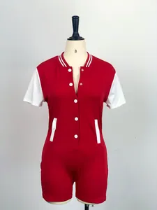 Front view of a red and white varsity style slim fit short jumpsuit on a mannequin