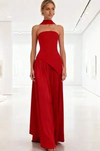 Elegant red strapless maxi dress with asymmetrical bodice and matching neck scarf