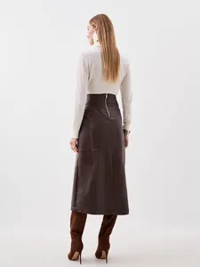 Elegant brown PU leather A-line midi skirt featuring a gold back zipper for a stylish look