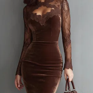 Close-up of brown velvet bodycon dress with intricate lace sleeve and neckline details