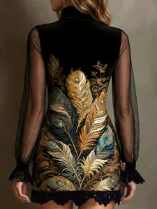 Detailed back view of a black bodycon dress with gold peacock feather embroidery and mesh sleeves
