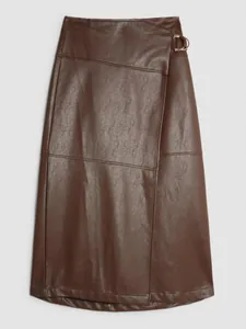 Elegant brown PU leather A-line midi skirt with adjustable buckle wrap front design