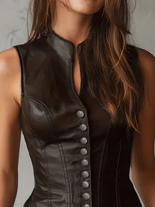 Detailed view of women's brown PU leather vest with silver buttons and high collar.