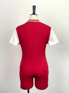 Detailed back view of a slim-fit red and white bodysuit featuring a striped polo collar