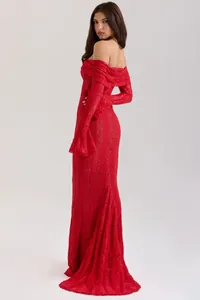 Elegant red lace off-the-shoulder evening gown with flare sleeves and fishtail hem