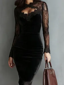 Elegant black velvet bodycon dress with sheer lace long sleeves and floral neckline detail