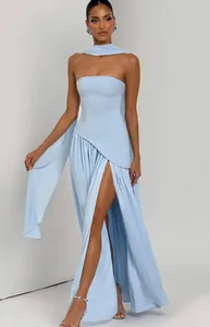 Elegant light blue strapless maxi dress with a thigh-high slit and chic neck streamer.