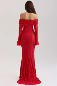 Back view of elegant red lace off-the-shoulder evening gown featuring bell sleeves