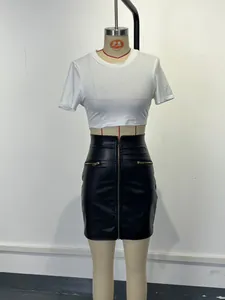 Front view of black PU leather bodycon skirt with zipper details on a mannequin.