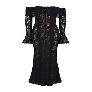 Full front view of black lace off-the-shoulder evening dress with elegant bell sleeves