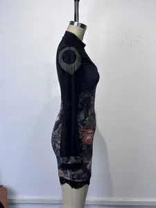 Side view of floral bodycon dress with mesh sleeves and lace trim on a mannequin