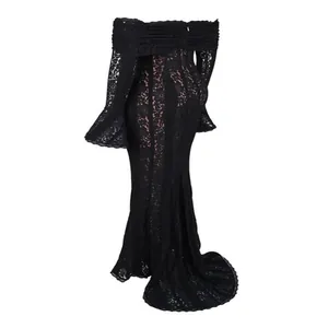 Elegant black hollow-out lace evening gown with off-shoulder neckline and bell sleeves