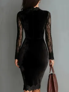 Elegant black velvet bodycon dress featuring delicate sheer lace long sleeves back view