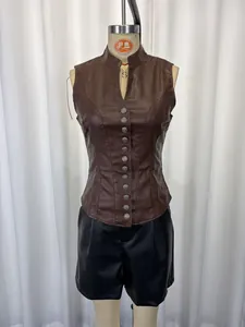 Front view of a brown PU leather sleeveless vest with button-up design on a mannequin