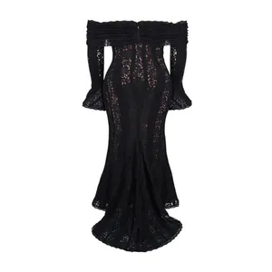 Back view of elegant black lace off-the-shoulder mermaid dress with bell sleeves