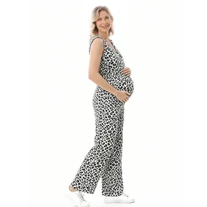 Sleeveless leopard print maternity jumpsuit for nursing with breathable cotton fabric