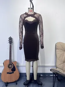 Full front view of brown velvet bodycon dress with sheer lace sleeves on mannequin