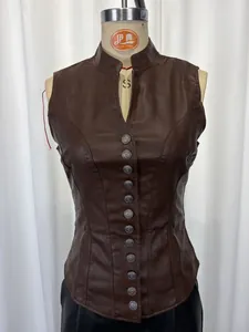 Detail shot of a women's brown sleeveless PU leather vest with multi-button design