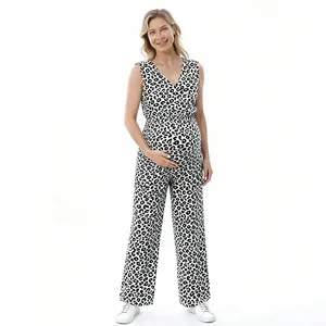 Full-length view of a leopard print maternity jumpsuit on a studio white background.