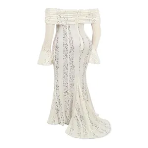 Back view of elegant white lace off-the-shoulder mermaid gown with bell sleeves