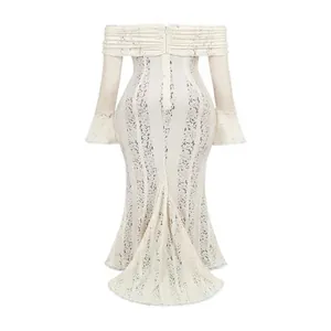 Elegant off-the-shoulder lace mermaid dress with long flare sleeves and slim silhouette