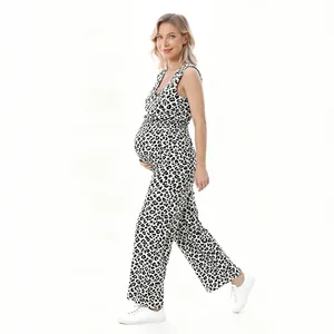 Detailed side view of a stylish leopard print maternity jumpsuit in breathable cotton