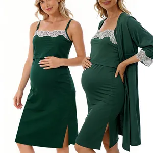 Vestaglia da Maternità per l'Allattamento Top And Bottom Modal Pizzo Camicia da Notte Pigiami per Donna Abbigliamento da Casa